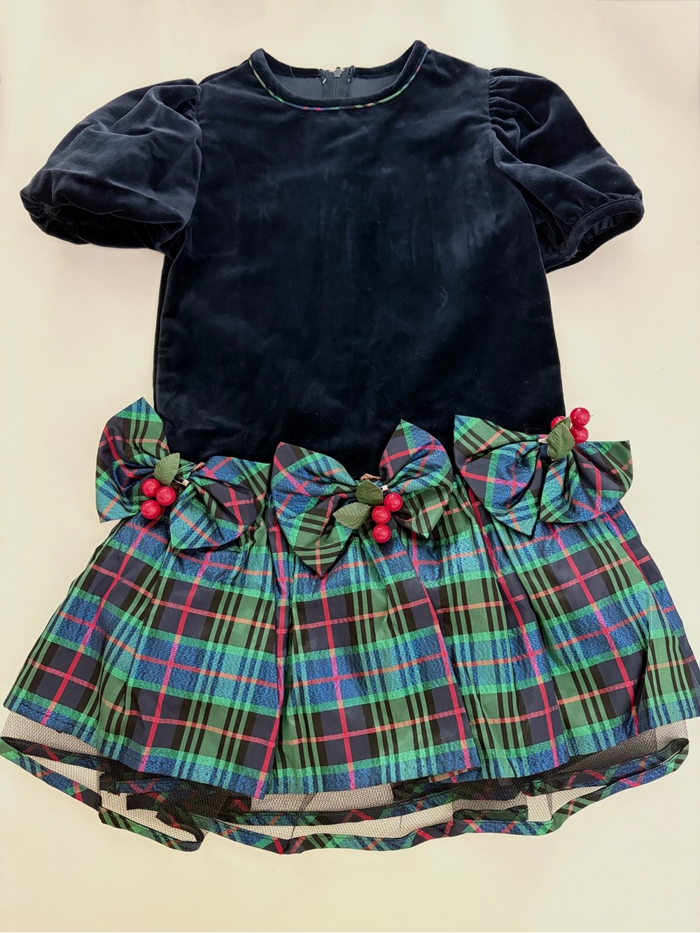 VTG Bonnie Jean Classic Navy Velvet and Green Plaid Holiday Dress 6 Made in USA